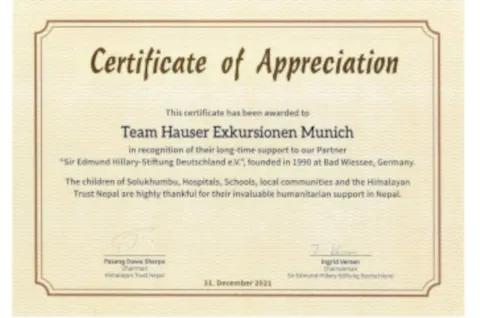 Urkunde der Sir Edmund Hillary Stiftung für das Engagement von Hauser