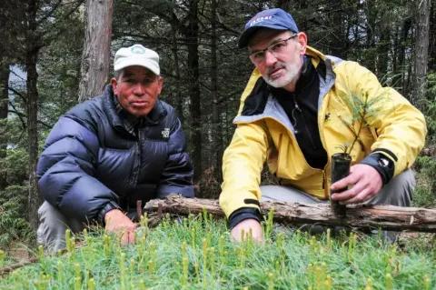 Zwei Männer sitzen auf einer Wiese und Pflanzen einen Baum.