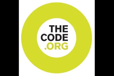 Auf weißem Hintergrund ist ein gelber dicker Kreis abgebildet. im Kreis steht der Namen der Organisation TheCode.org
