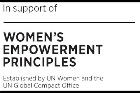 Vor weißem Hintergrund steht "In support of Women's Empowerment Principles. Darunter steht in kleiner "Established by UN Women and the UN Global Compact Office".
