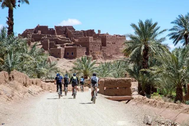 Gruppe von Radfahrern fährt über staubige, palmengesäumte Straße auf ein Bergdorf aus Lehm zu.