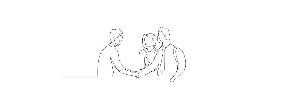 Zeichnung mit einer schwarzen Linie von drei Menschen, die sich die Hand geben.