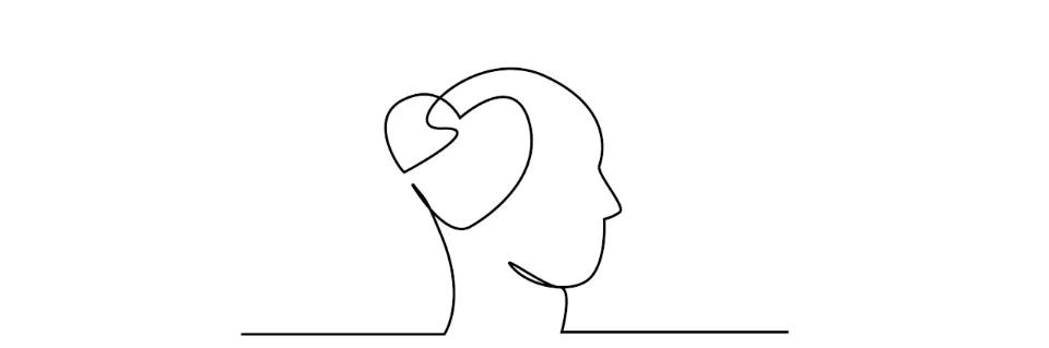 Zeichnung mit einer schwarzen Linie von einem Kopf mit Herz.