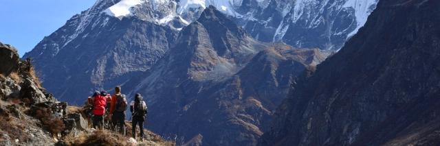 Vier Wanderer mit Rucksäcken stehen auf einem Grat und blicken auf Berge mit Schneefeldern