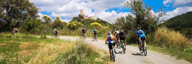 Eine Gruppe von neun Mountainbiker fährt durch eine Wald- und Wiesenlandschaft unter blauem Himmel und im Hintergrund sieht man eine Burg.