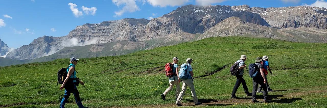 Sechs Wanderer gehen auf einem schmalen Pfad über eine grüne Wiese. Im Hintergrund sind felsige Berge zu sehen.