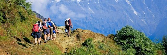 Gruppe aus fünf Wanderern laufen auf einem Grat neben grünen Wiesen und Bergen im Hintergrund