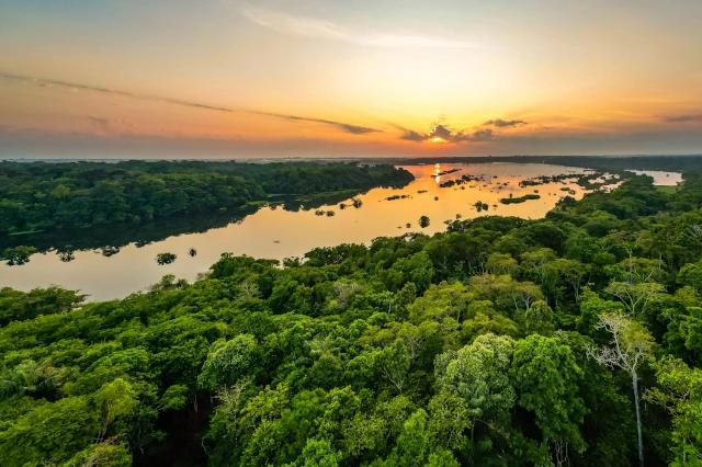 Der Amazonas Fluss spiegelt die untergehende Sonne. Ringsum ist Regenwald mit grünen Bäumen.