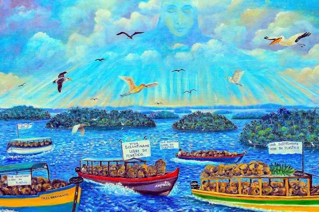 Auf dem bunt gemalten Bild sind im Vordergrund verschieden farbige kleine Boote zu sehen auf denen kleine Flaggen gehisst sind. Auf den Flaggen steht "viva solentiname - libre de plástico". Im Hintergrund sind mehrere kleine, grüne Inseln zu sehen.