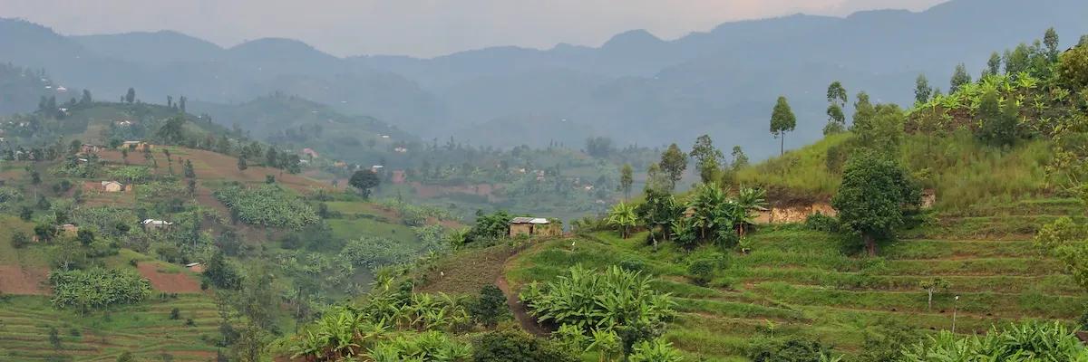 Grüne Hügellandschaft mit einzelnen Häusern unter bewölktem Himmel