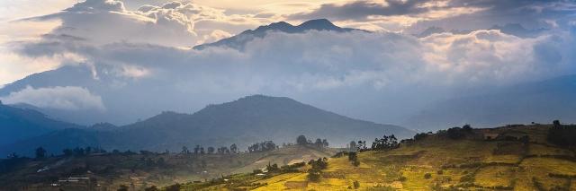 Nebelverhangene Bergkette hinter einer grünen flachen Berglandschaft mit einzelnen Bäumen