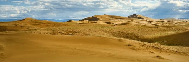 Sanddünen reichen bis zum Horizont unter bewölktem Himmel