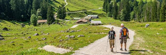 Paar wandert auf einem Forstweg hinab in Richtung Berghütte neben grünen Wiesen und Wäldern