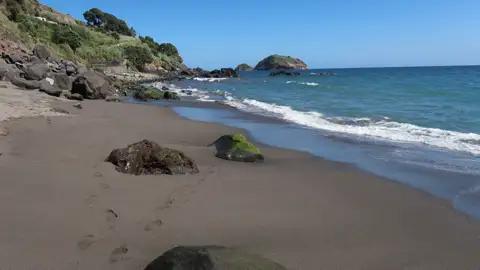 Ansicht eines dunklen Sandstrandes mit Felsen, bewachsener Küste und einer kleinen Insel im Hintergrund.