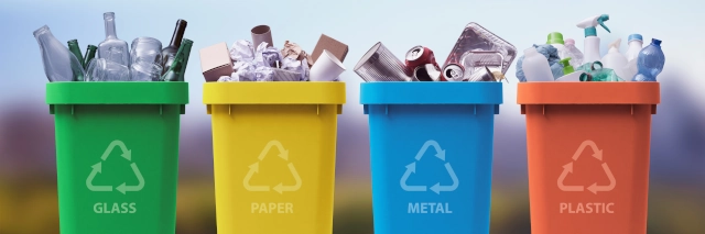 Vier Mülltonnen in verschiedenen Farben in denen verschiedener Abfall zum Recycling gelagert wird