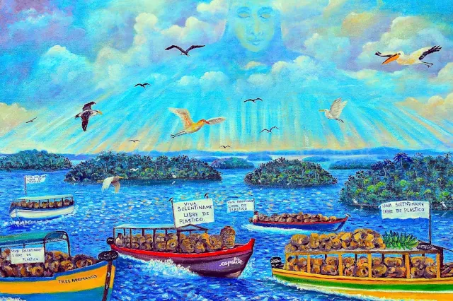 Auf dem bunt gemalten Bild sind im Vordergrund verschieden farbige kleine Boote zu sehen auf denen kleine Flaggen gehisst sind. Auf den Flaggen steht "viva solentiname - libre de plástico". Im Hintergrund sind mehrere kleine, grüne Inseln zu sehen. 
