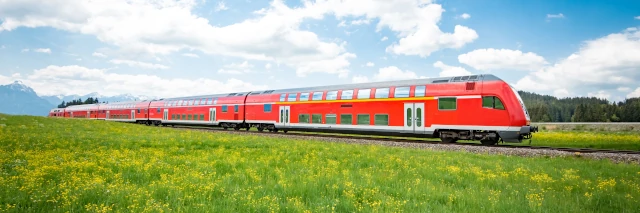 Eine rote Regionalbahn fährt auf Gleisen in einer blumigen Naturlandschaft.