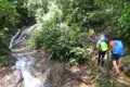 Wandergruppe auf einem Regenwaldpfad entlang eines Wasserfalls.