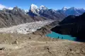 Wanderer stehen oberhalb eines türkisfarbenen Sees und eines Gletschers im Himalaya.
