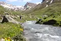 Wanderung entlang eines Gebirgsbachs in den Alpen.