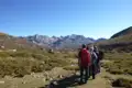 Wanderer mit Rucksäcken auf einem Bergpfad.