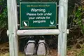 Zwei Brillenpinguine unter einem Warnschild im Table Mountain Nationalpark mit der Aufschrift 'Bitte schauen Sie unter Ihrem Fahrzeug nach Pinguinen'.