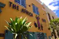 Außenansicht des The Africa Cafe mit gelber Fassade, traditionellen Dekorationen und einer Agave im Vordergrund.