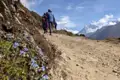 Wanderer auf einem Bergpfad in Richtung schneebedeckter Gipfel.
