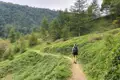 Wanderer auf einem grünen Pfad im Tal.