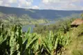 Panoramablick auf einen See inmitten von Hügeln mit Bananenstauden und einer Hütte.