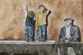 Wandgemälde mit zwei Kindern und einem älteren Mann.