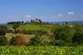 Panoramablick auf die Weinberge und ein Landgut in der hügeligen Landschaft der Toskana.