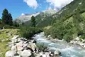 Gebirgsbach mit klarem Wasser, umgeben von Steinen und grünen Pflanzen. Im Hintergrund erheben sich die Gipfel der Alpen.