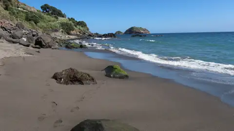 Ansicht eines dunklen Sandstrandes mit Felsen, bewachsener Küste und einer kleinen Insel im Hintergrund.