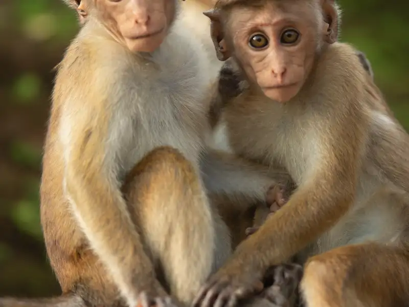 Zwei Affen sitzen nebeneinander.