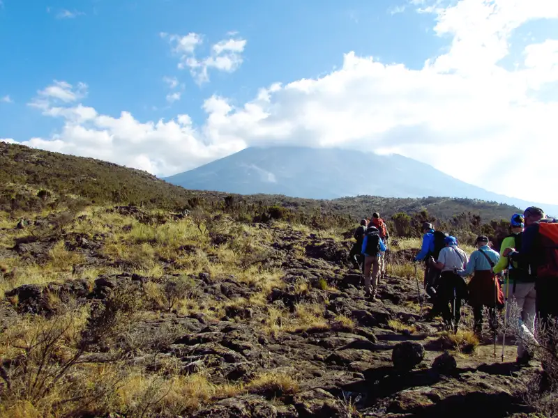 Wandergruppe auf einem Bergpfad.