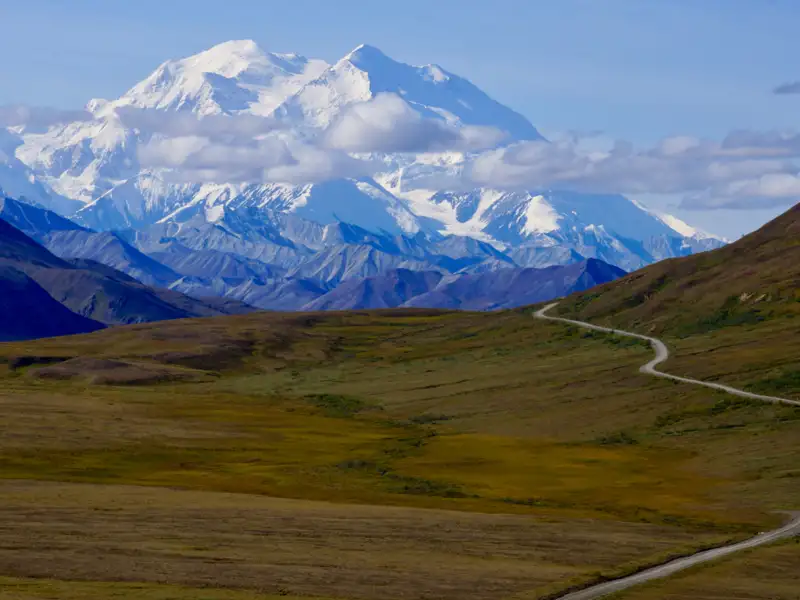 Panoramablick auf den Denali, den höchsten Berg Nordamerikas, mit einer Straße, die durch die Tundra-Landschaft im Vordergrund führt.