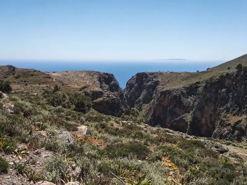 Eine Schlucht, die zum Meer führt, umgeben von niedriger Vegetation.