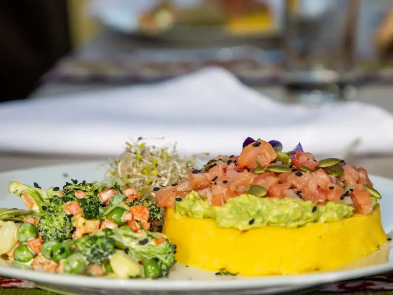 Lachs-Tatar auf Guacamole und Püree mit Beilage Salat.