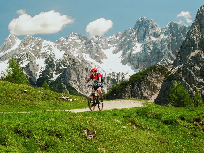 Mountainbiker auf einem Bergpfad mit schneebedeckten Alpengipfeln im Hintergrund.