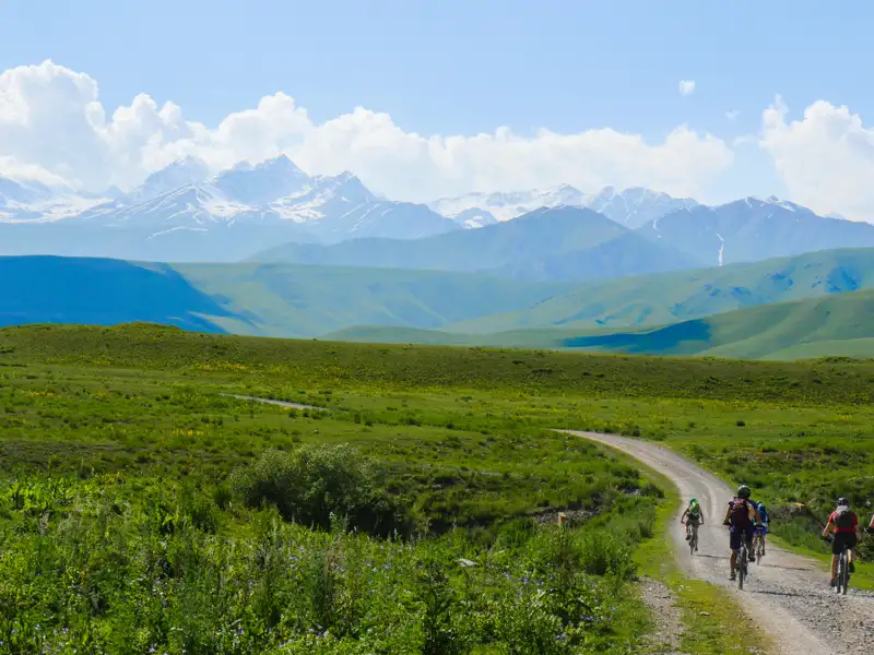 Gruppe von Mountainbikern auf einem Bergpfad mit schneebedeckten Gipfeln im Hintergrund.