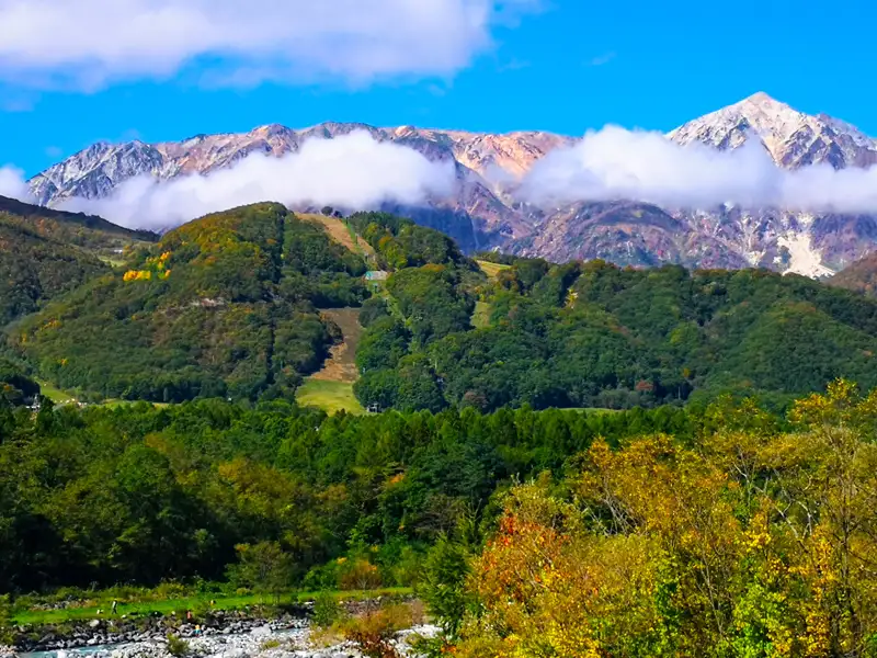 Herbstliche Berglandschaft mit Fluss und schneebedeckten Gipfeln im Hintergrund.