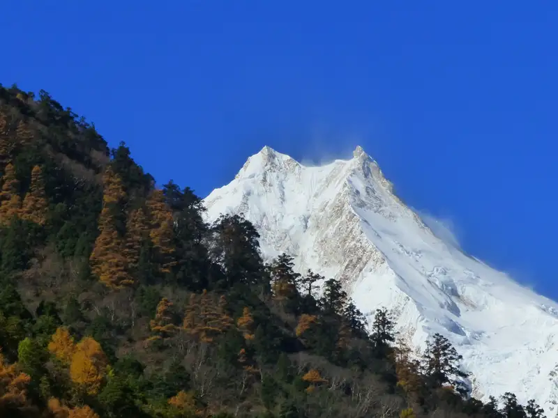 Schneebedeckter Berggipfel und herbstlicher Wald.