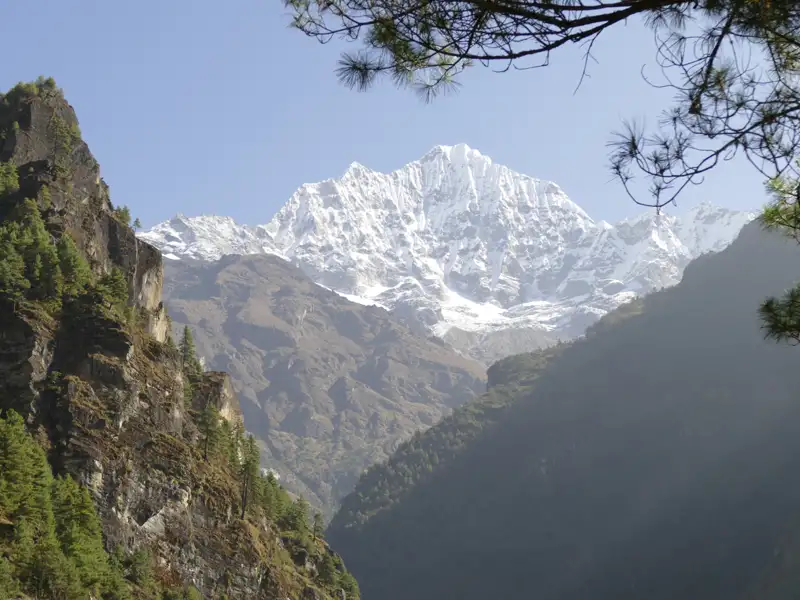 Schneebedeckter Berggipfel in der Ferne, mit bewaldeten Berghängen im Vordergrund.