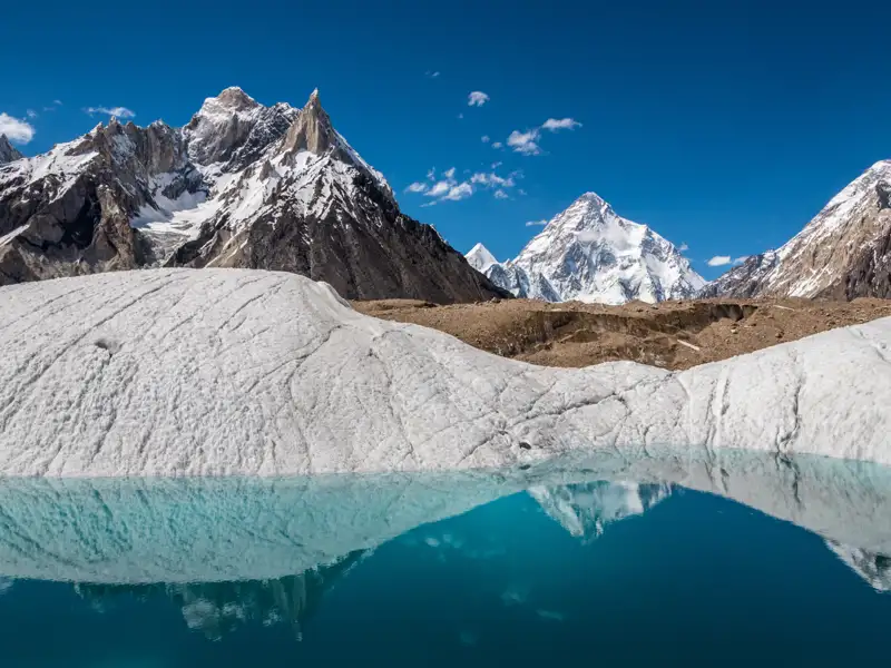 Ein Gletschersee reflektiert die umliegenden schneebedeckten Gipfel.