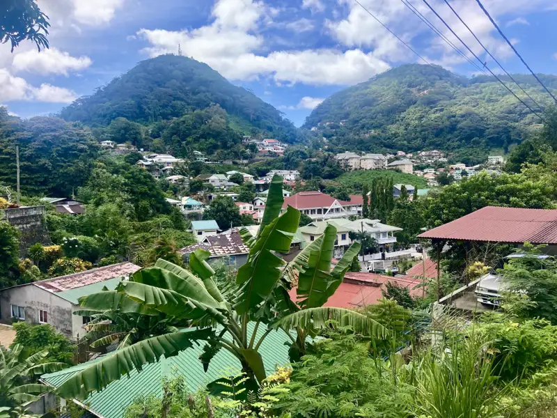 Panoramablick auf eine Stadt in den Bergen, umgeben von dichter Vegetation.