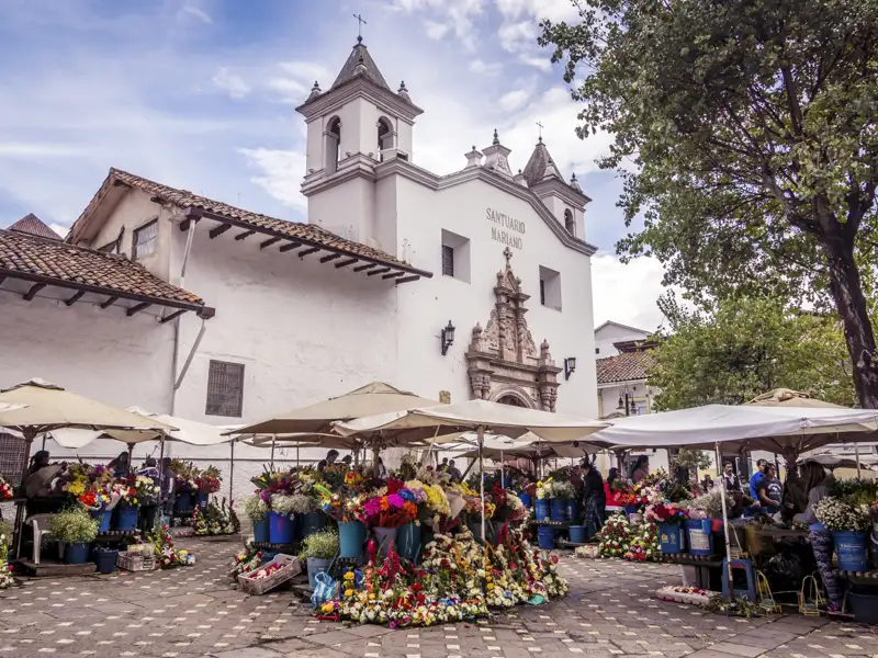 Blumenmarkt vor dem Santuario Mariano in [Stadtname]. Händler verkaufen eine große Auswahl an bunten Blumen. Die weiße Fassade der Kirche bildet einen Kontrast zu den lebendigen Farben des Marktes.