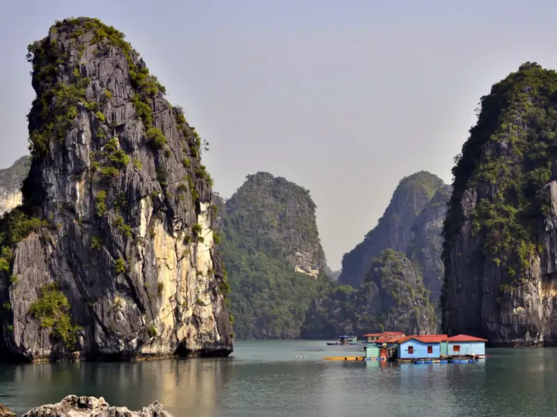 Traditionelle schwimmende Häuser in der Halong-Bucht, umgeben von den charakteristischen Kalksteinfelsen.