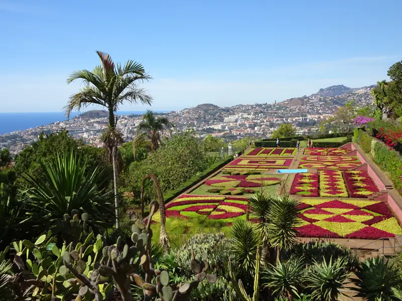 Blumenbeete im Botanischen Garten mit Blick auf Funchal.
