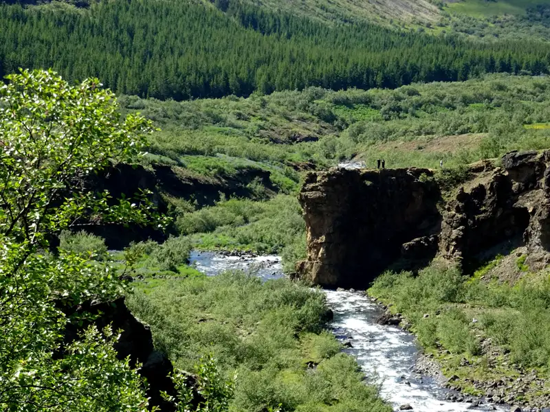 Wanderer genießen die Aussicht von einer Klippe über einem Fluss, umgeben von üppiger Vegetation und einem bewaldeten Hügel.